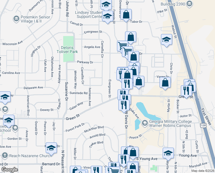 map of restaurants, bars, coffee shops, grocery stores, and more near 121 Evergreen Street in Warner Robins