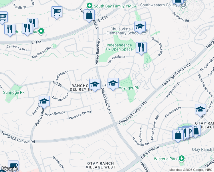 map of restaurants, bars, coffee shops, grocery stores, and more near 1174 East J Street in Chula Vista