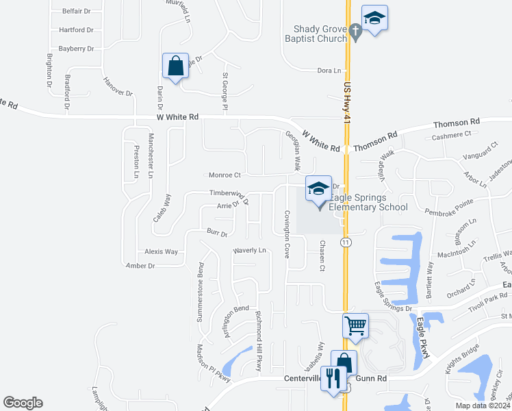 map of restaurants, bars, coffee shops, grocery stores, and more near 107 Browning Point in Byron