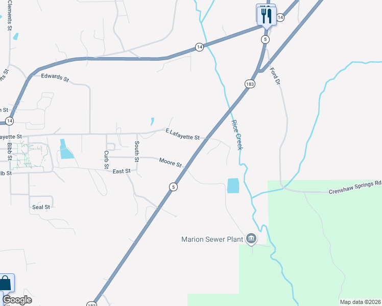 map of restaurants, bars, coffee shops, grocery stores, and more near 613 East Lafayette Street in Marion