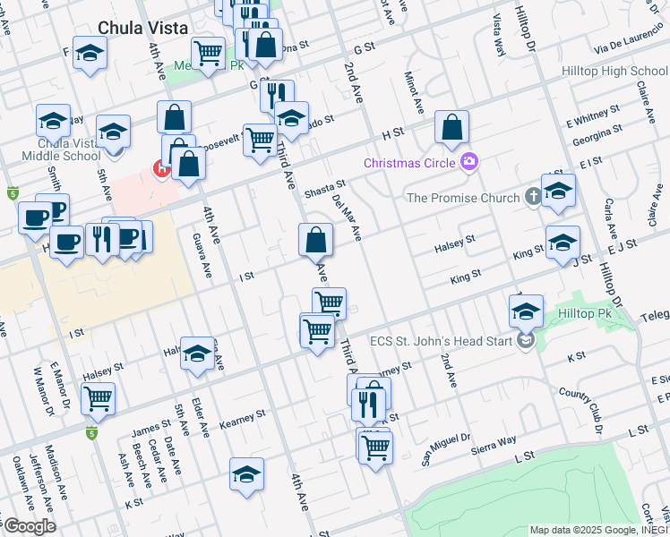 map of restaurants, bars, coffee shops, grocery stores, and more near 290 I Street in Chula Vista