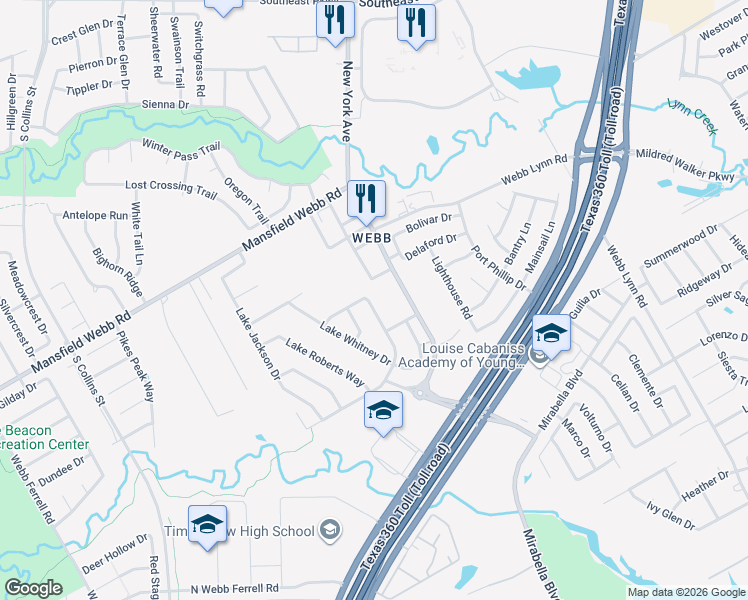 map of restaurants, bars, coffee shops, grocery stores, and more near 7103 Chambers Creek Lane in Arlington