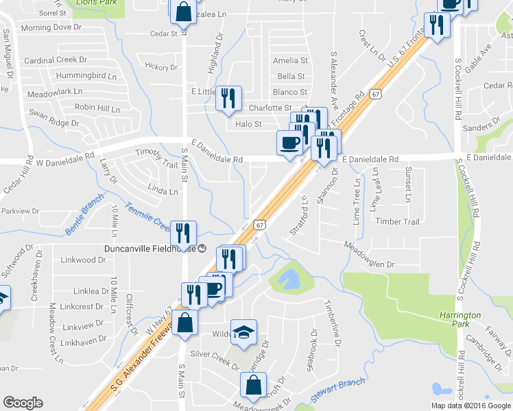 map of restaurants, bars, coffee shops, grocery stores, and more near 1630 Horizon Street in Duncanville