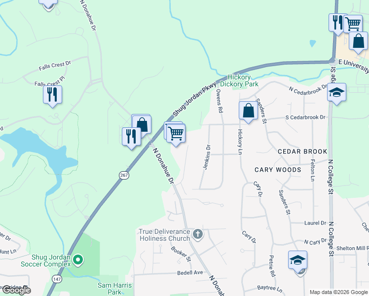 map of restaurants, bars, coffee shops, grocery stores, and more near 1205 Jenkins Drive in Auburn