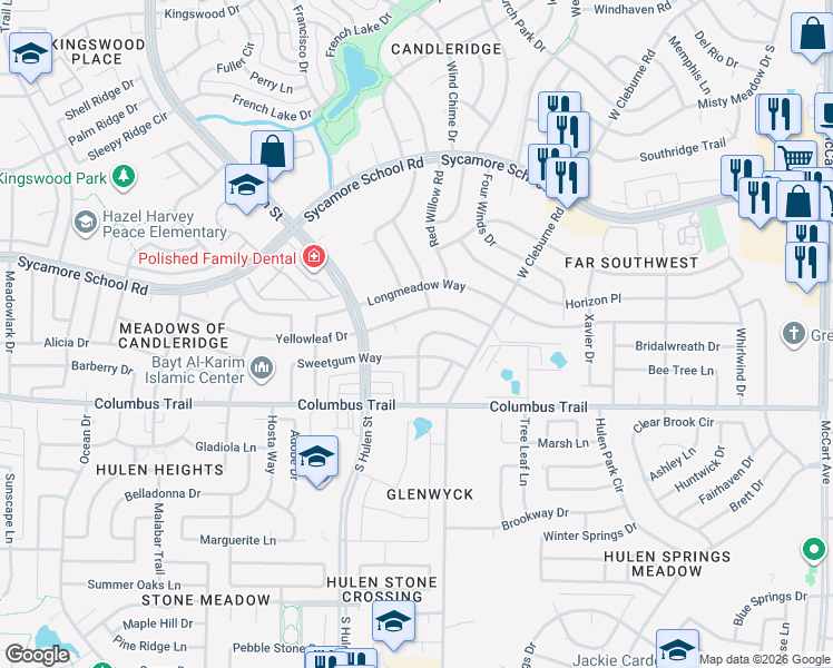 map of restaurants, bars, coffee shops, grocery stores, and more near 4216 Yellowleaf Drive in Fort Worth