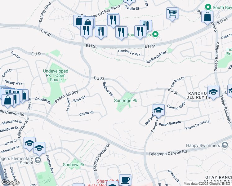 map of restaurants, bars, coffee shops, grocery stores, and more near 840 East J Street in Chula Vista
