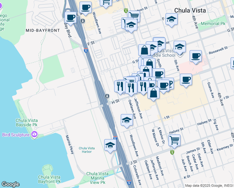 map of restaurants, bars, coffee shops, grocery stores, and more near 464 Woodlawn Avenue in Chula Vista