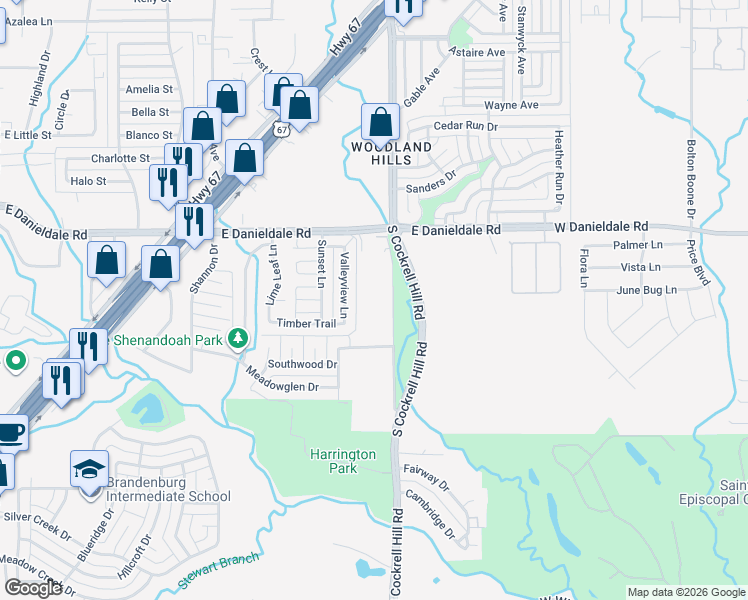 map of restaurants, bars, coffee shops, grocery stores, and more near 1526 Valleyview Lane in Duncanville
