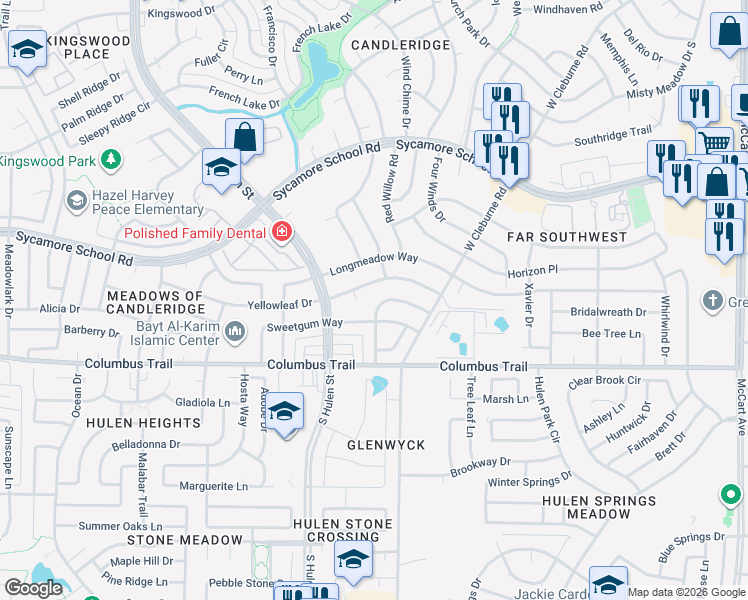 map of restaurants, bars, coffee shops, grocery stores, and more near 4216 Yellowleaf Drive in Fort Worth