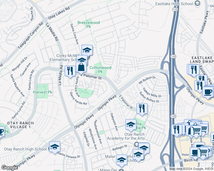 map of restaurants, bars, coffee shops, grocery stores, and more near 1367 Caminito Capistrano in Chula Vista