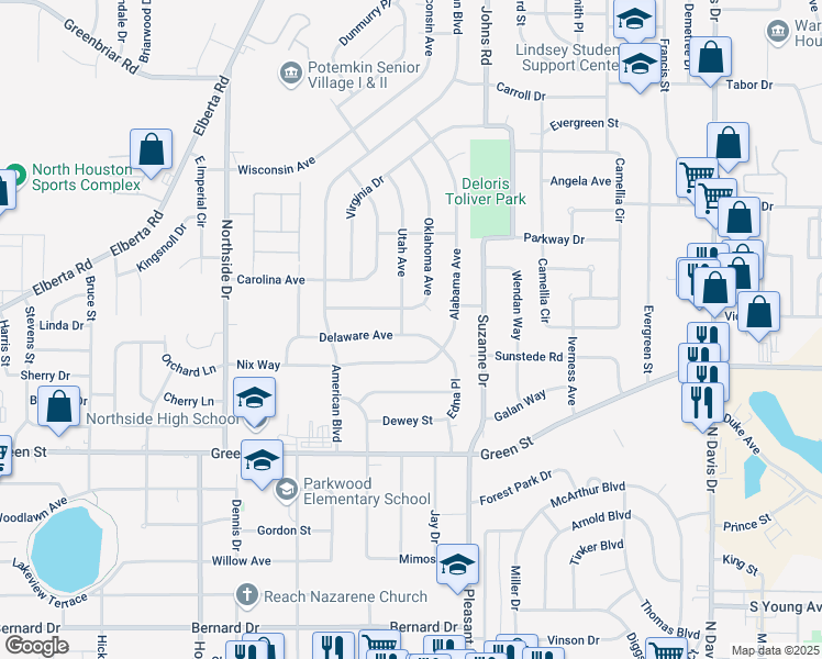 map of restaurants, bars, coffee shops, grocery stores, and more near 219 Delaware Avenue in Warner Robins