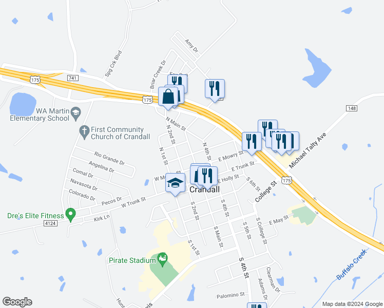 map of restaurants, bars, coffee shops, grocery stores, and more near 101 West Gertrude Street in Crandall