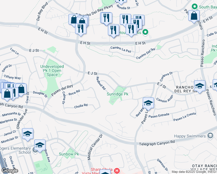map of restaurants, bars, coffee shops, grocery stores, and more near 840 East J Street in Chula Vista