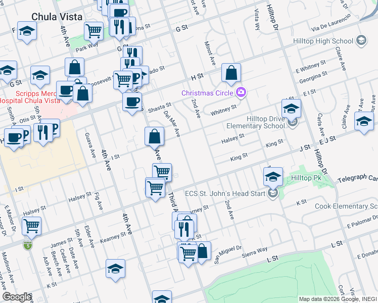 map of restaurants, bars, coffee shops, grocery stores, and more near 633 Del Mar Avenue in Chula Vista