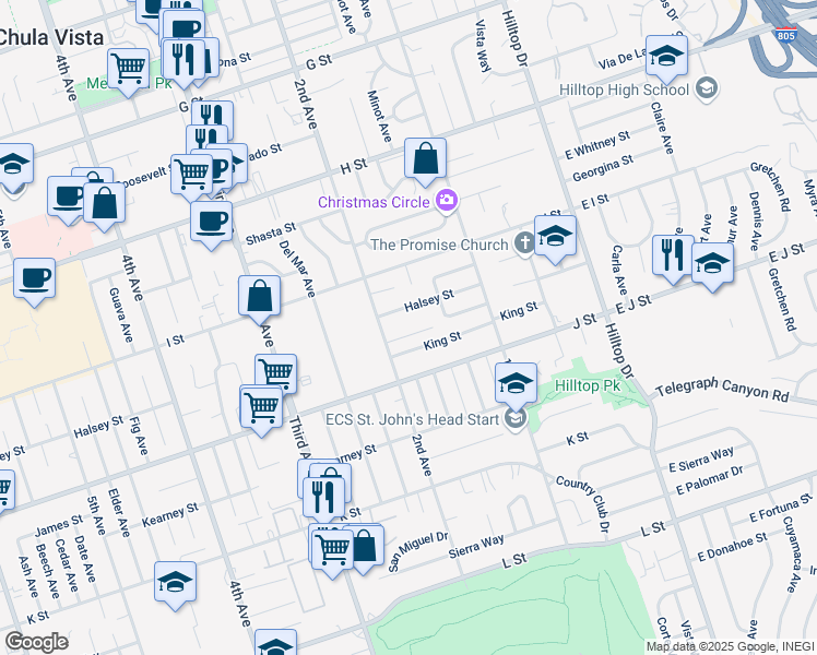 map of restaurants, bars, coffee shops, grocery stores, and more near 184 Halsey Street in Chula Vista