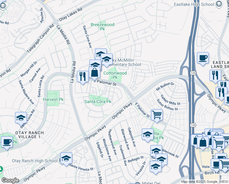 map of restaurants, bars, coffee shops, grocery stores, and more near 779 Caminito Francisco in Chula Vista