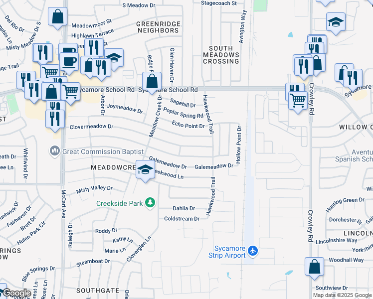 map of restaurants, bars, coffee shops, grocery stores, and more near 2545 Clovermeadow Drive in Fort Worth