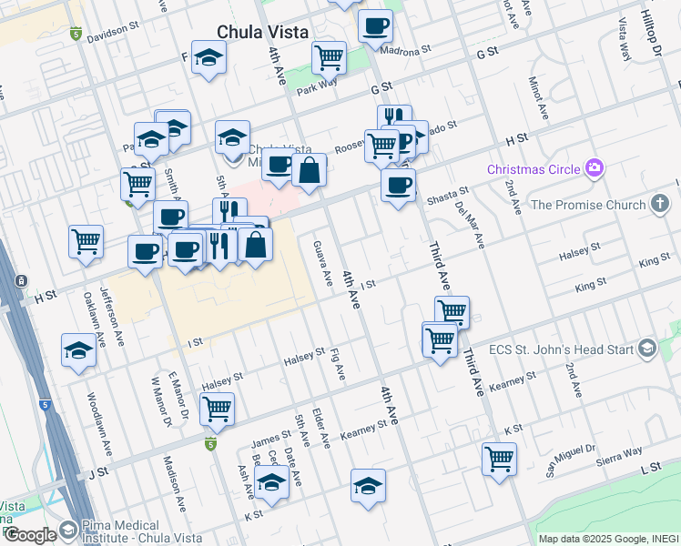 map of restaurants, bars, coffee shops, grocery stores, and more near 580 4th Avenue in Chula Vista