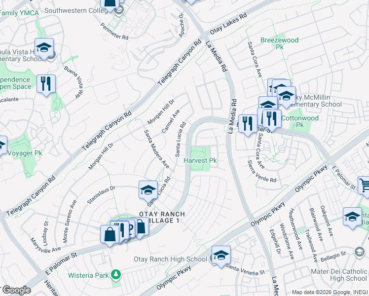 map of restaurants, bars, coffee shops, grocery stores, and more near 1539 Larkspur Court in Chula Vista