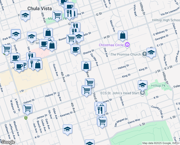 map of restaurants, bars, coffee shops, grocery stores, and more near 290 I Street in Chula Vista