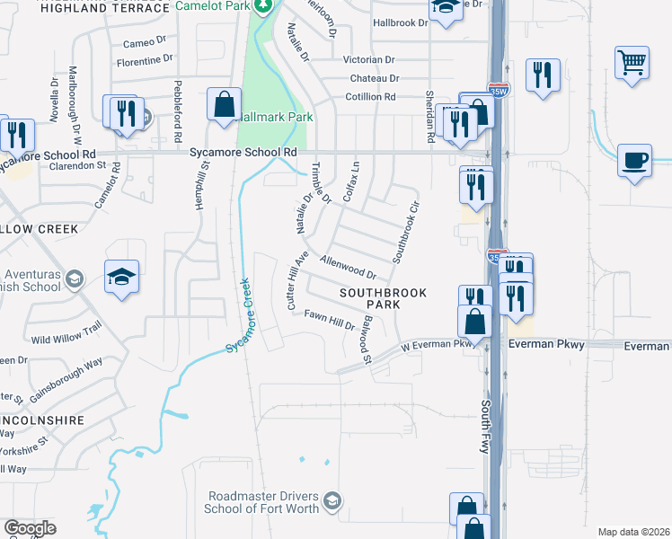 map of restaurants, bars, coffee shops, grocery stores, and more near 316 Allenwood Drive in Fort Worth