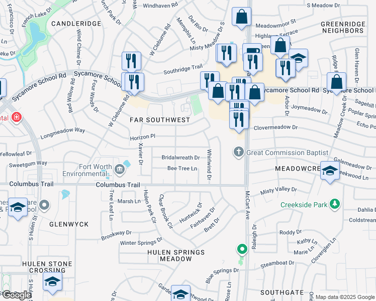 map of restaurants, bars, coffee shops, grocery stores, and more near 3744 Longmeadow Way in Fort Worth