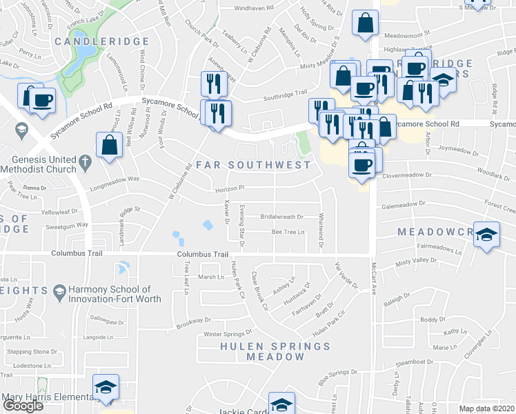 map of restaurants, bars, coffee shops, grocery stores, and more near 3816 Longmeadow Way in Fort Worth