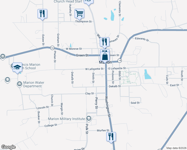 map of restaurants, bars, coffee shops, grocery stores, and more near 600 Smith Street in Marion
