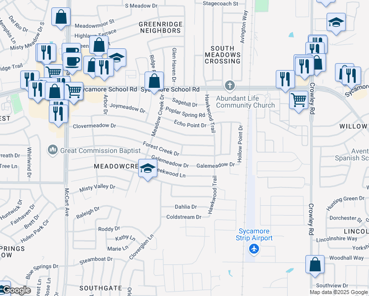 map of restaurants, bars, coffee shops, grocery stores, and more near 2553 Clovermeadow Drive in Fort Worth