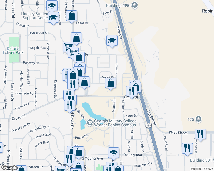 map of restaurants, bars, coffee shops, grocery stores, and more near 104 Vickie Drive in Warner Robins