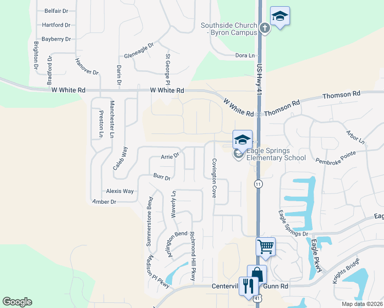 map of restaurants, bars, coffee shops, grocery stores, and more near 303 Arrie Drive in Byron