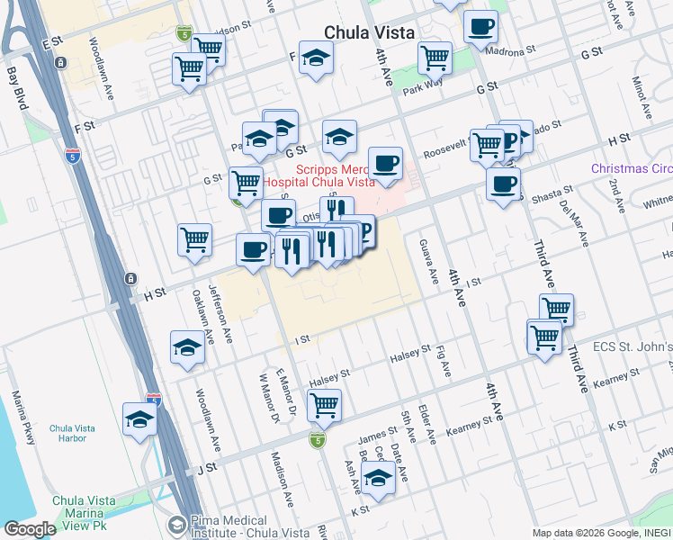 map of restaurants, bars, coffee shops, grocery stores, and more near 555 Broadway in Chula Vista