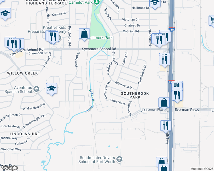 map of restaurants, bars, coffee shops, grocery stores, and more near Blairwood Dr & Cutter Hill Ave in Fort Worth