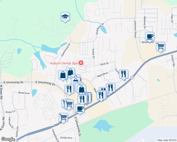 map of restaurants, bars, coffee shops, grocery stores, and more near 1626 Professional Parkway in Auburn