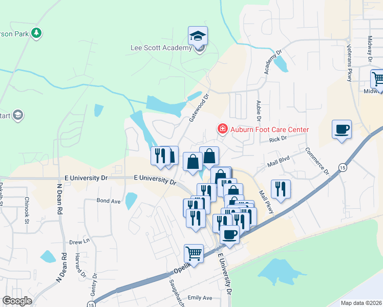 map of restaurants, bars, coffee shops, grocery stores, and more near 1518 Professional Pkwy in Auburn