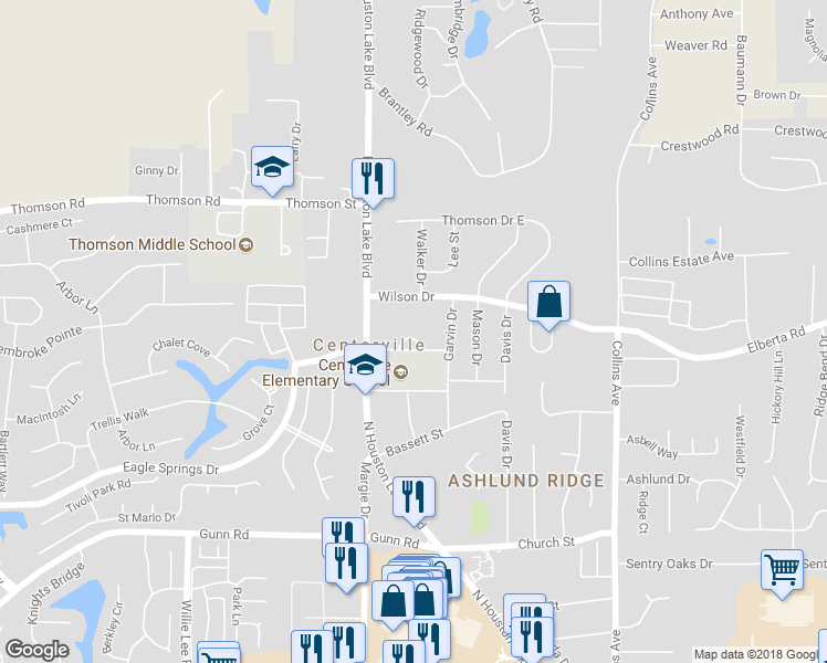 map of restaurants, bars, coffee shops, grocery stores, and more near 107 Miller Court in Centerville