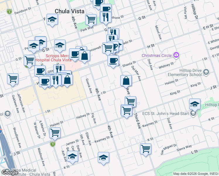 map of restaurants, bars, coffee shops, grocery stores, and more near 355 I Street in Chula Vista