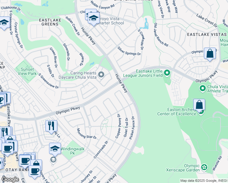 map of restaurants, bars, coffee shops, grocery stores, and more near 1509 Picket Fence Drive in Chula Vista