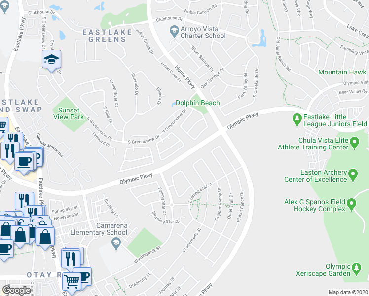 map of restaurants, bars, coffee shops, grocery stores, and more near 2437 Valley Gardens Drive in Chula Vista