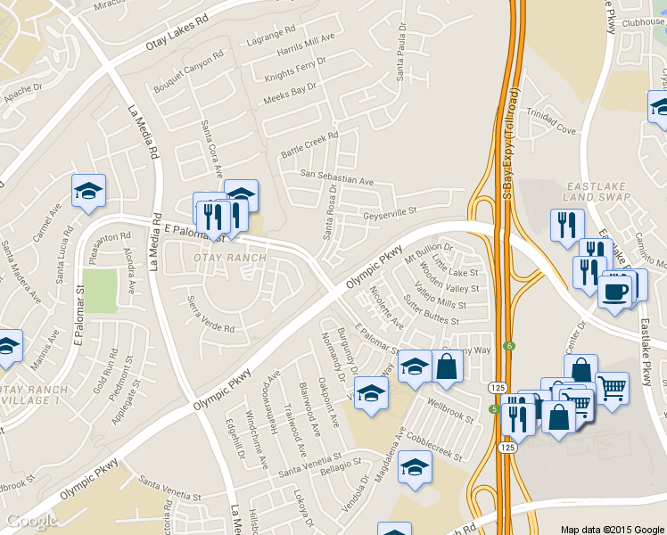 map of restaurants, bars, coffee shops, grocery stores, and more near 1321 Claim Jumper Lane in Chula Vista