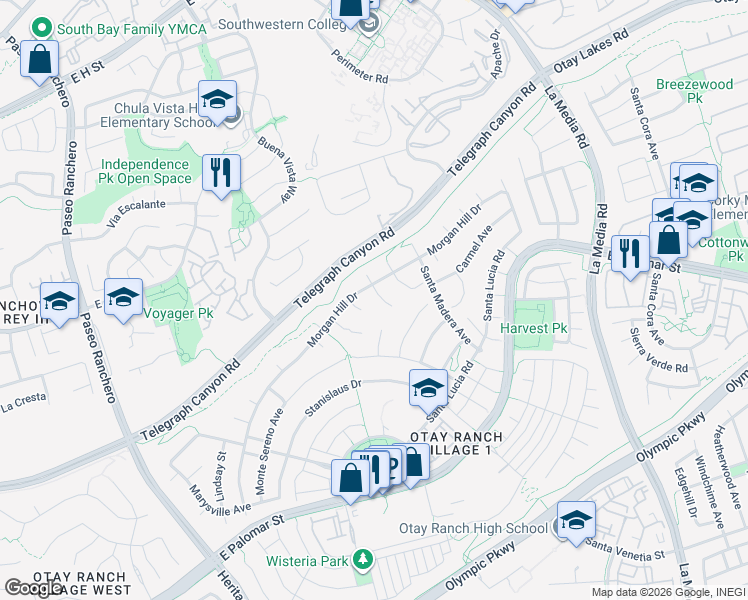 map of restaurants, bars, coffee shops, grocery stores, and more near 1165 Hanford Court in Chula Vista