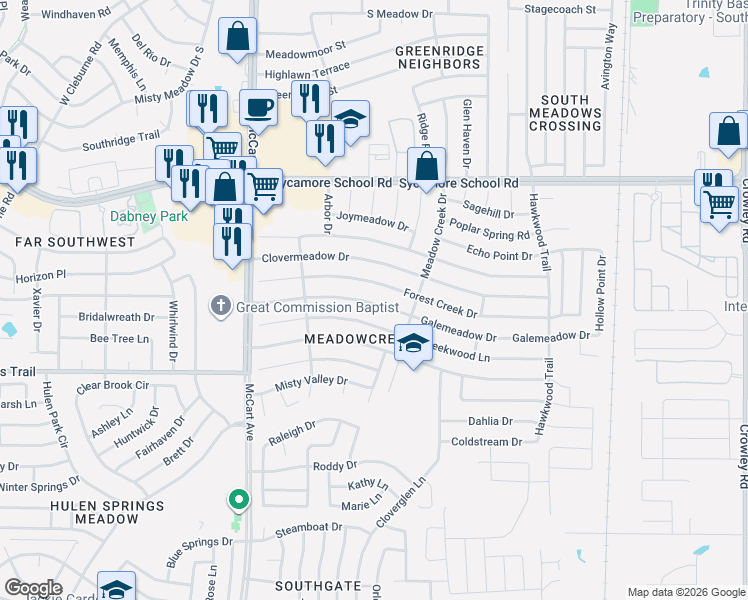 map of restaurants, bars, coffee shops, grocery stores, and more near 3007 Forest Creek Drive in Fort Worth