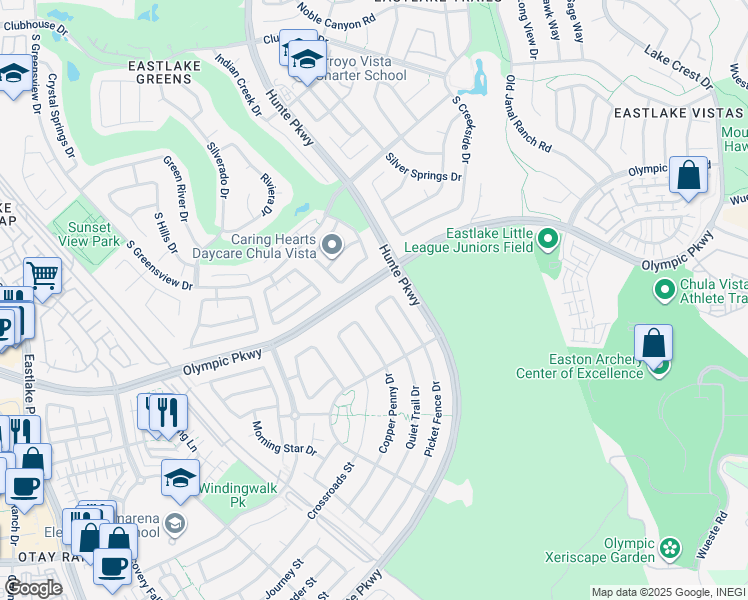 map of restaurants, bars, coffee shops, grocery stores, and more near 1509 Picket Fence Drive in Chula Vista