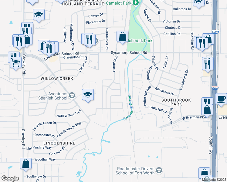 map of restaurants, bars, coffee shops, grocery stores, and more near 1121 Castle Springs Road in Fort Worth