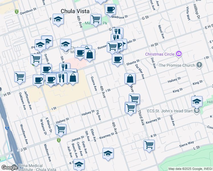 map of restaurants, bars, coffee shops, grocery stores, and more near 580 Glover Avenue in Chula Vista