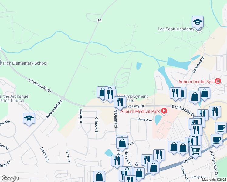 map of restaurants, bars, coffee shops, grocery stores, and more near 1257 North Dean Road in Auburn