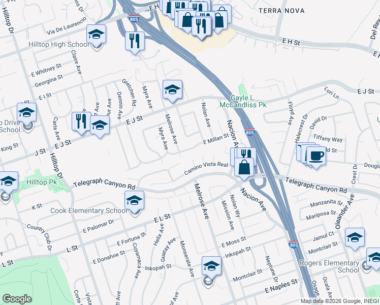 map of restaurants, bars, coffee shops, grocery stores, and more near 245 East Millan Street in Chula Vista
