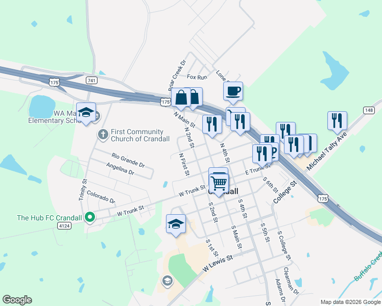 map of restaurants, bars, coffee shops, grocery stores, and more near 208 West Morrow Street in Crandall