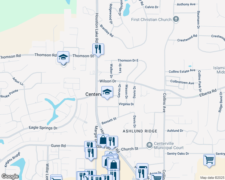 map of restaurants, bars, coffee shops, grocery stores, and more near 107 Miller Court in Centerville