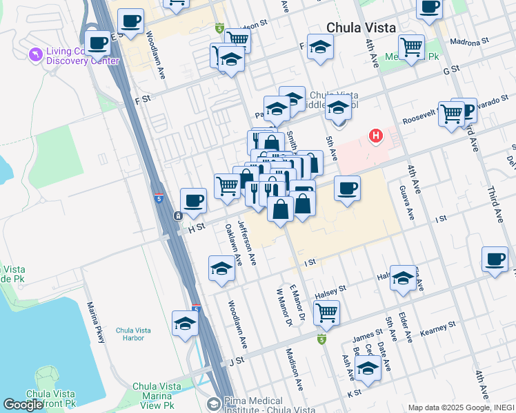 map of restaurants, bars, coffee shops, grocery stores, and more near 625-639 H Street in Chula Vista